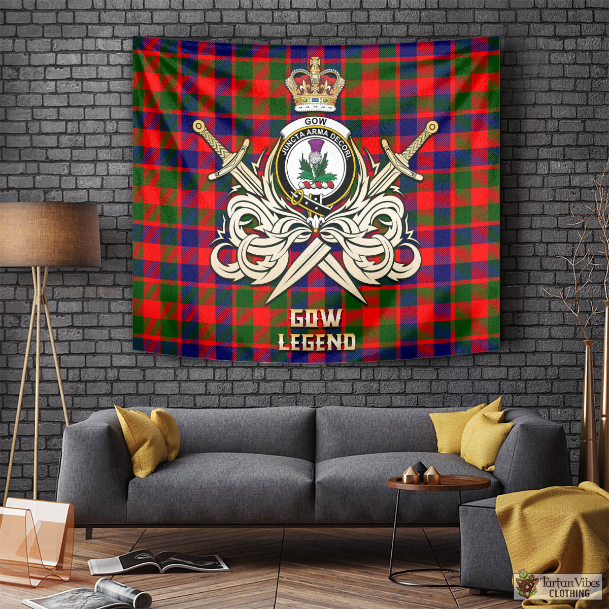 Tartan Vibes Clothing Gow of Skeoch Tartan Tapestry with Clan Crest and the Golden Sword of Courageous Legacy