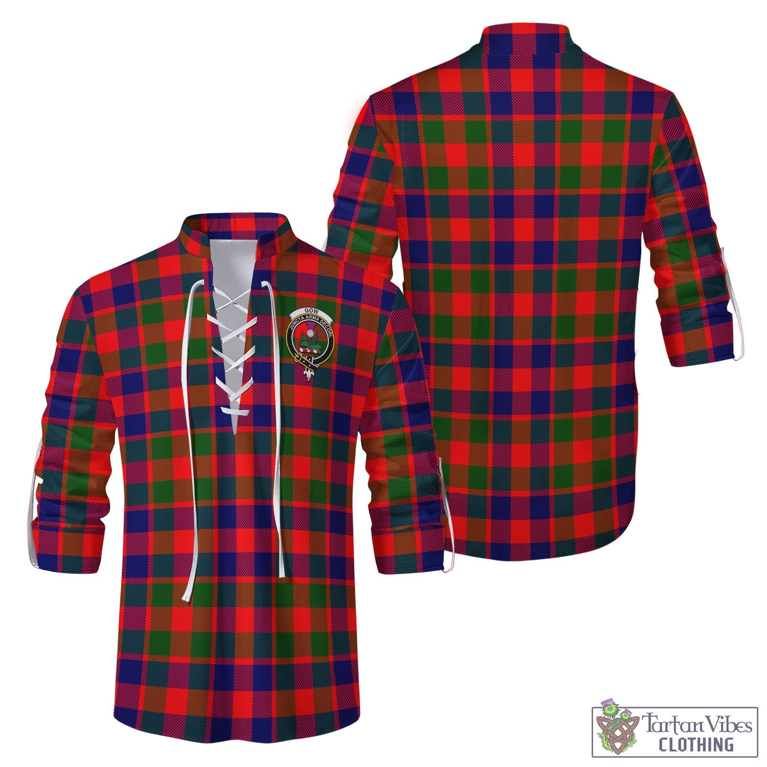 Tartan Vibes Clothing Gow of Skeoch Tartan Men's Scottish Traditional Jacobite Ghillie Kilt Shirt with Family Crest