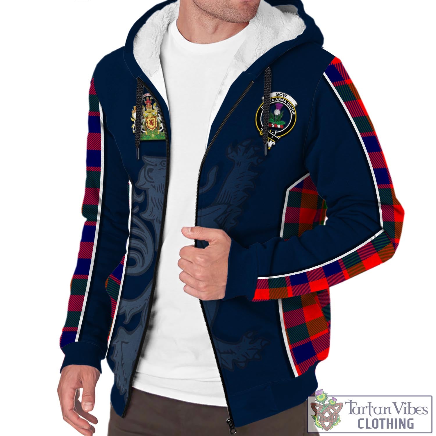 Tartan Vibes Clothing Gow of Skeoch Tartan Sherpa Hoodie with Family Crest and Lion Rampant Vibes Sport Style