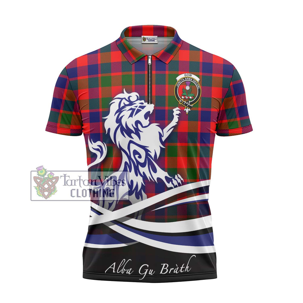 Gow of Skeoch Tartan Zipper Polo Shirt with Alba Gu Brath Regal Lion Emblem - Tartanvibesclothing Shop