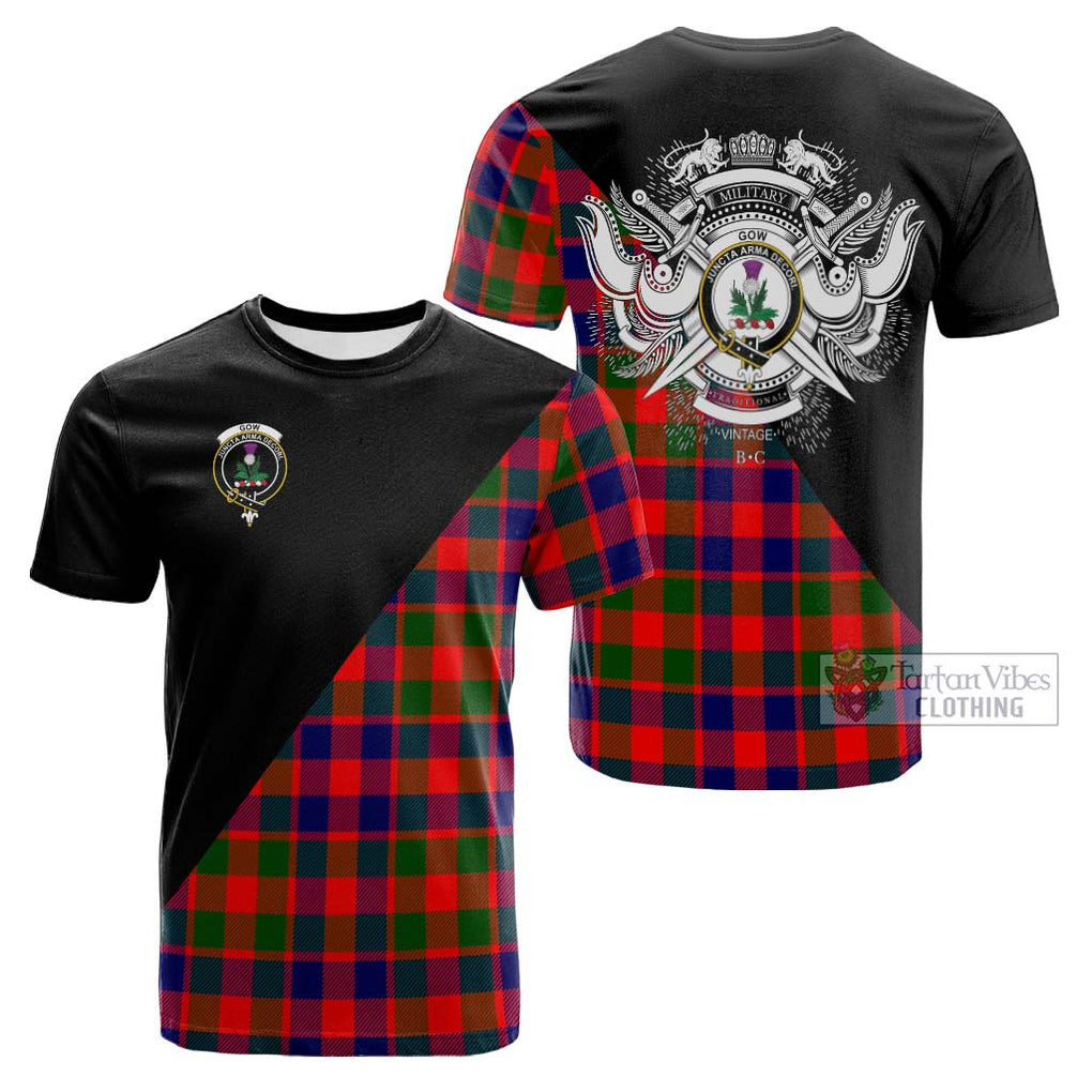 Tartan Vibes Clothing Gow of Skeoch Tartan Cotton T-shirt with Family Crest and Military Logo Style