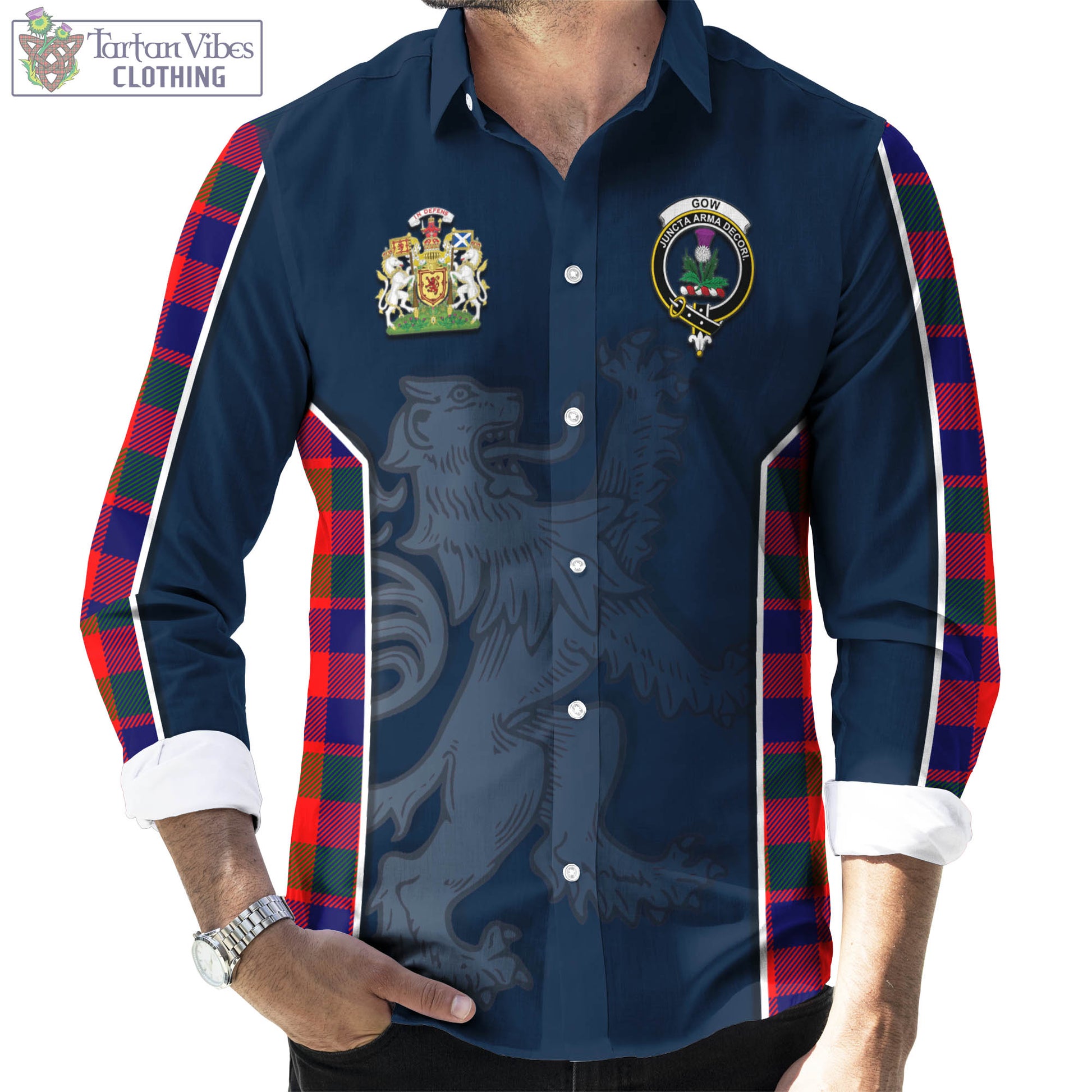 Tartan Vibes Clothing Gow of Skeoch Tartan Long Sleeve Button Up Shirt with Family Crest and Lion Rampant Vibes Sport Style