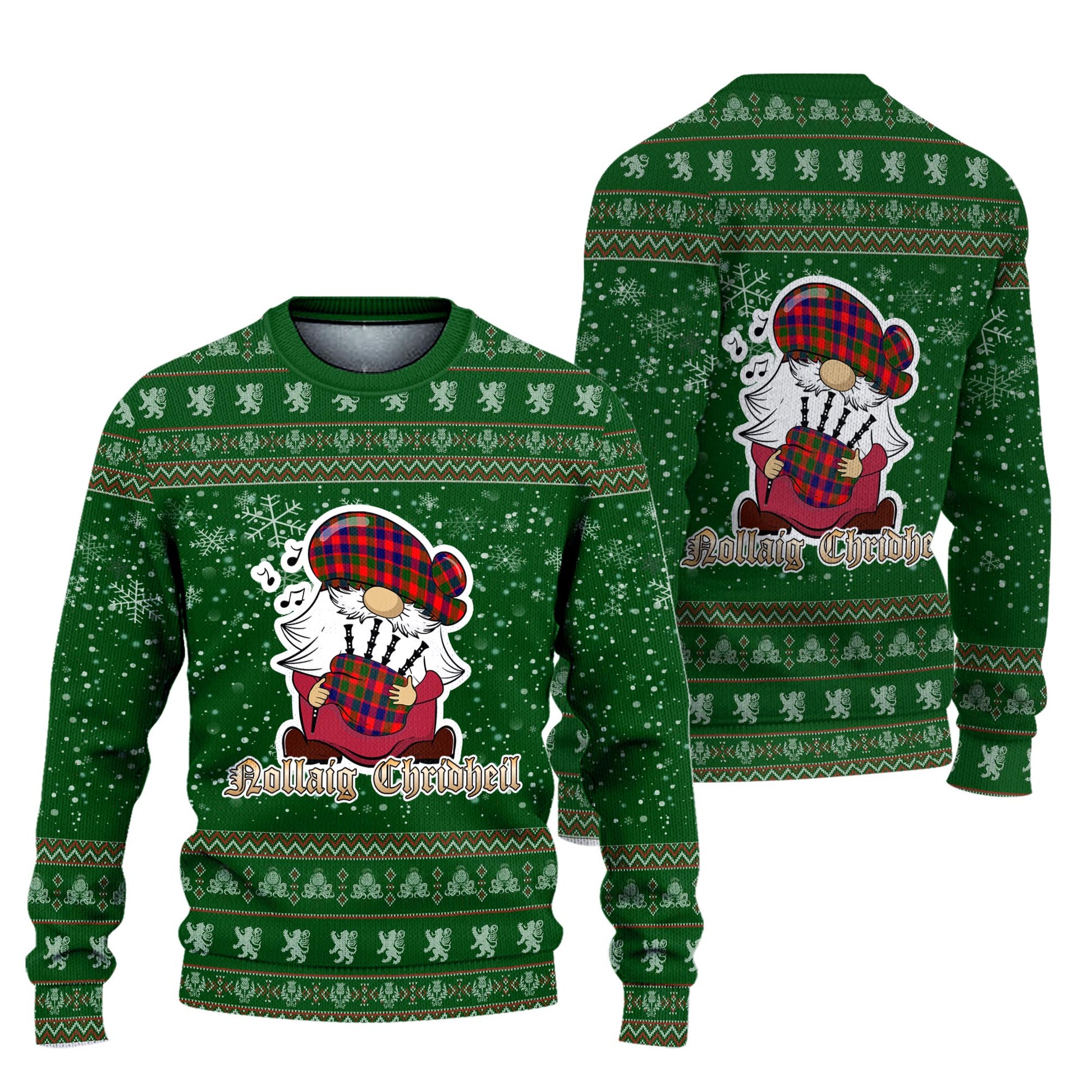 Gow of Skeoch Clan Christmas Family Knitted Sweater with Funny Gnome Playing Bagpipes Unisex Green - Tartanvibesclothing