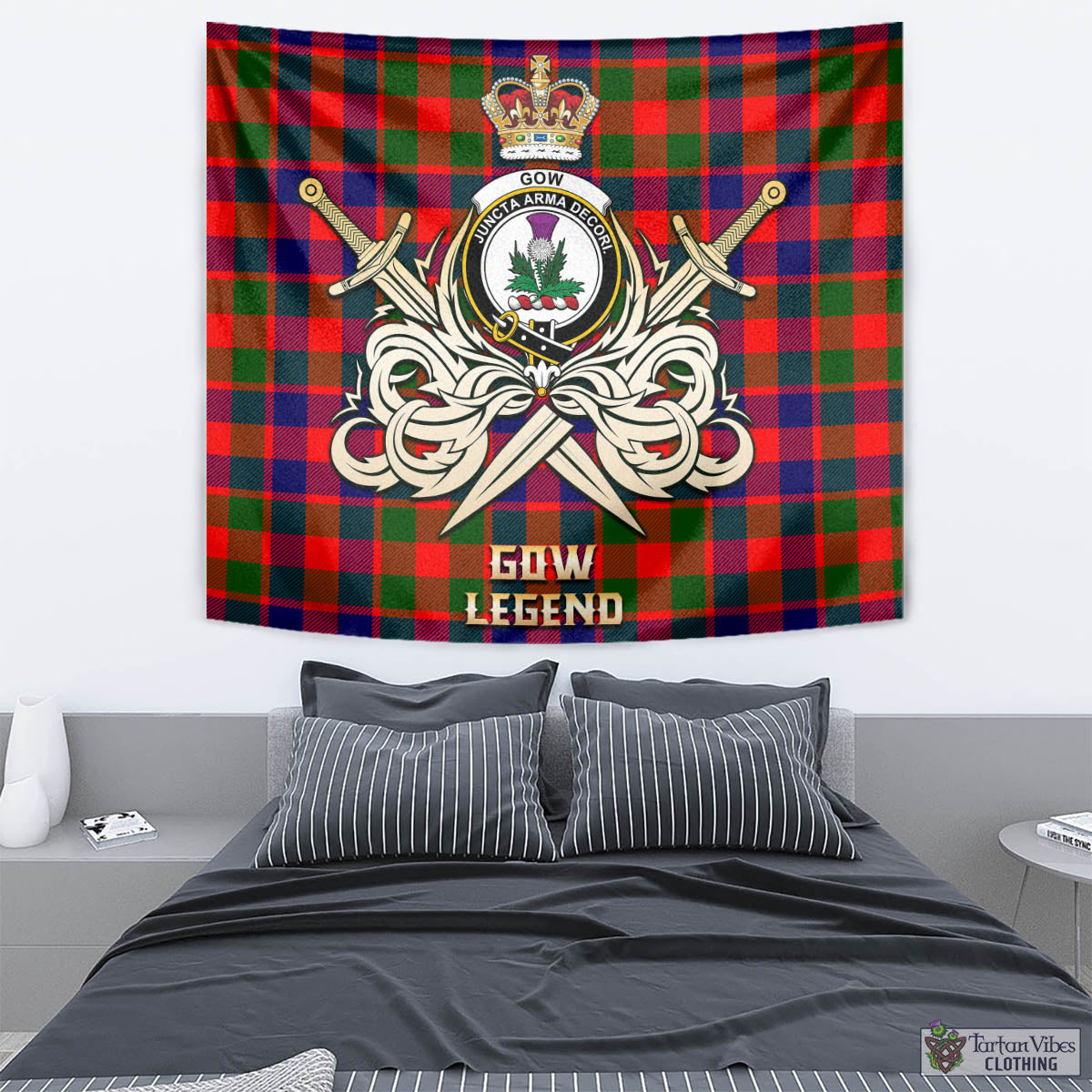 Tartan Vibes Clothing Gow of Skeoch Tartan Tapestry with Clan Crest and the Golden Sword of Courageous Legacy