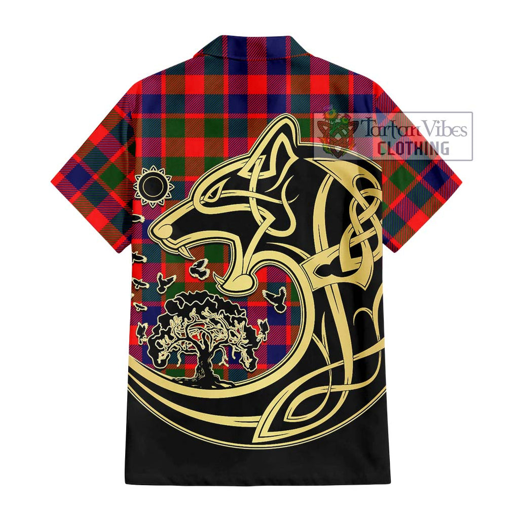 Gow of Skeoch Tartan Short Sleeve Button Shirt with Family Crest Celtic Wolf Style - Tartan Vibes Clothing