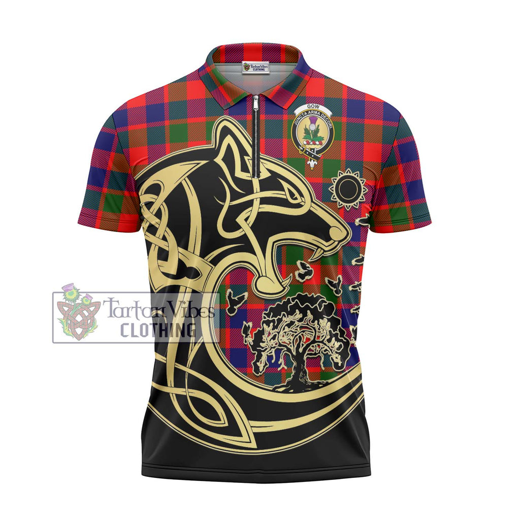 Gow of Skeoch Tartan Zipper Polo Shirt with Family Crest Celtic Wolf Style - Tartanvibesclothing Shop