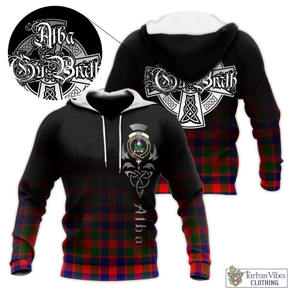 Tartan Vibes Clothing Gow of Skeoch Tartan Knitted Hoodie Featuring Alba Gu Brath Family Crest Celtic Inspired