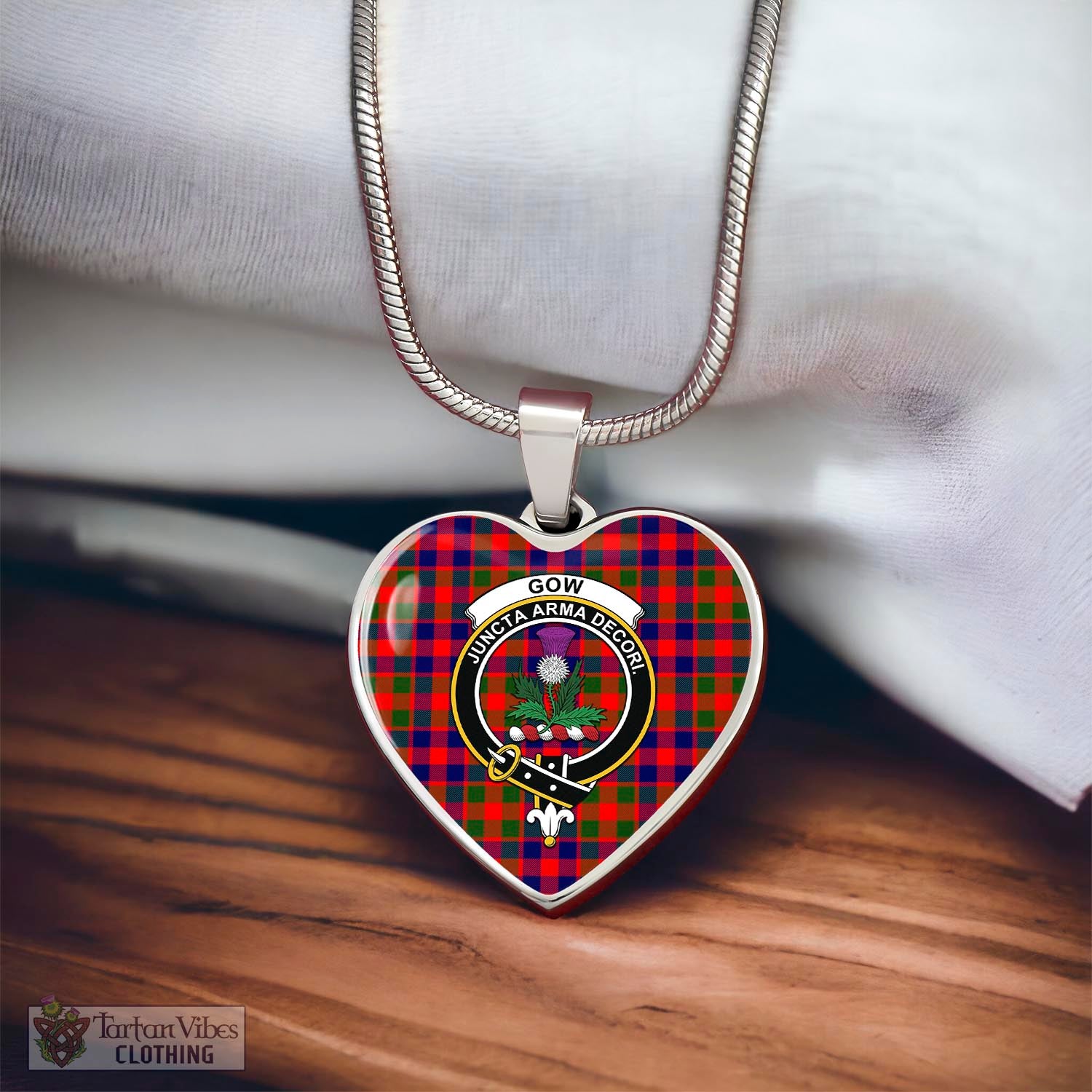 Tartan Vibes Clothing Gow of Skeoch Tartan Heart Necklace with Family Crest