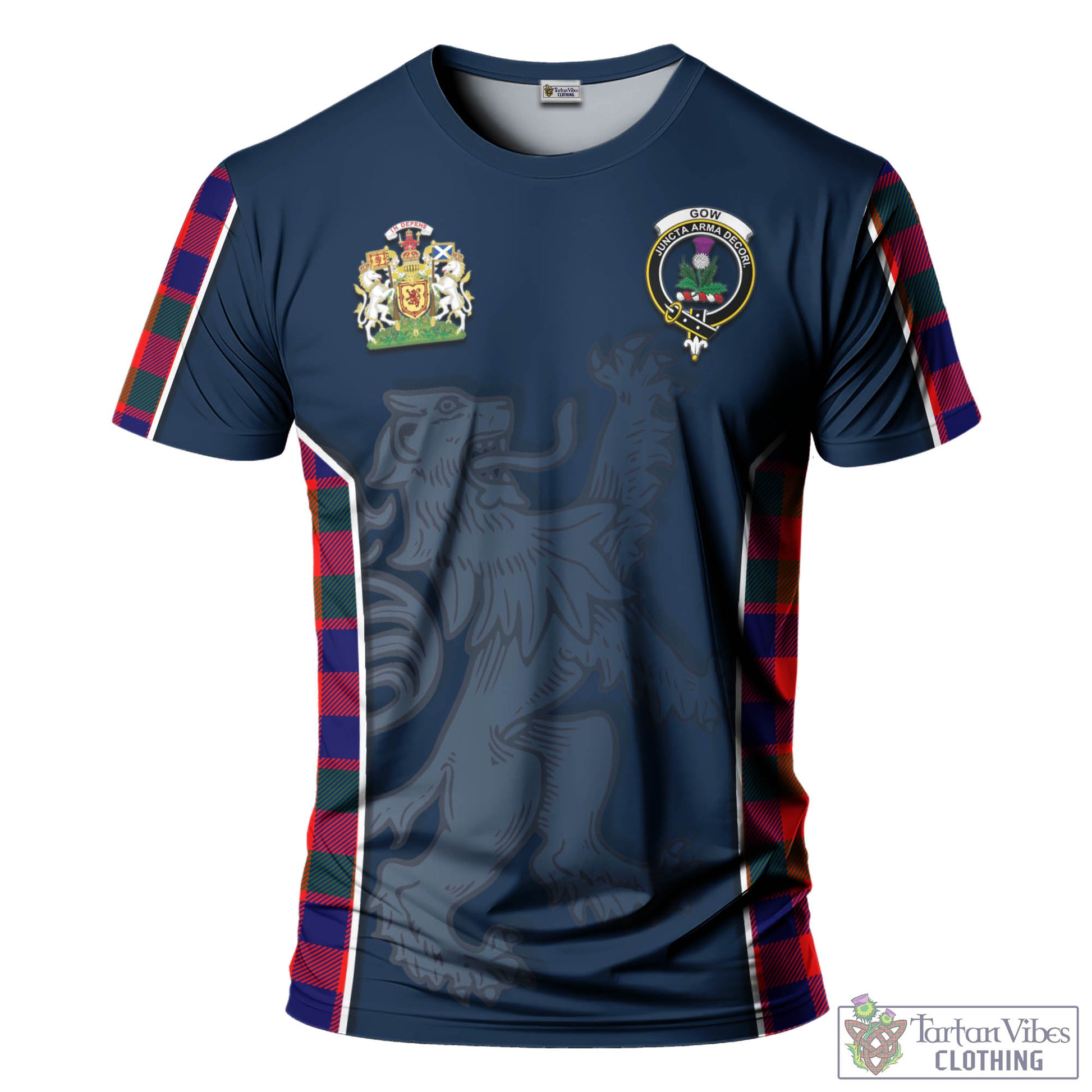 Tartan Vibes Clothing Gow of Skeoch Tartan T-Shirt with Family Crest and Lion Rampant Vibes Sport Style