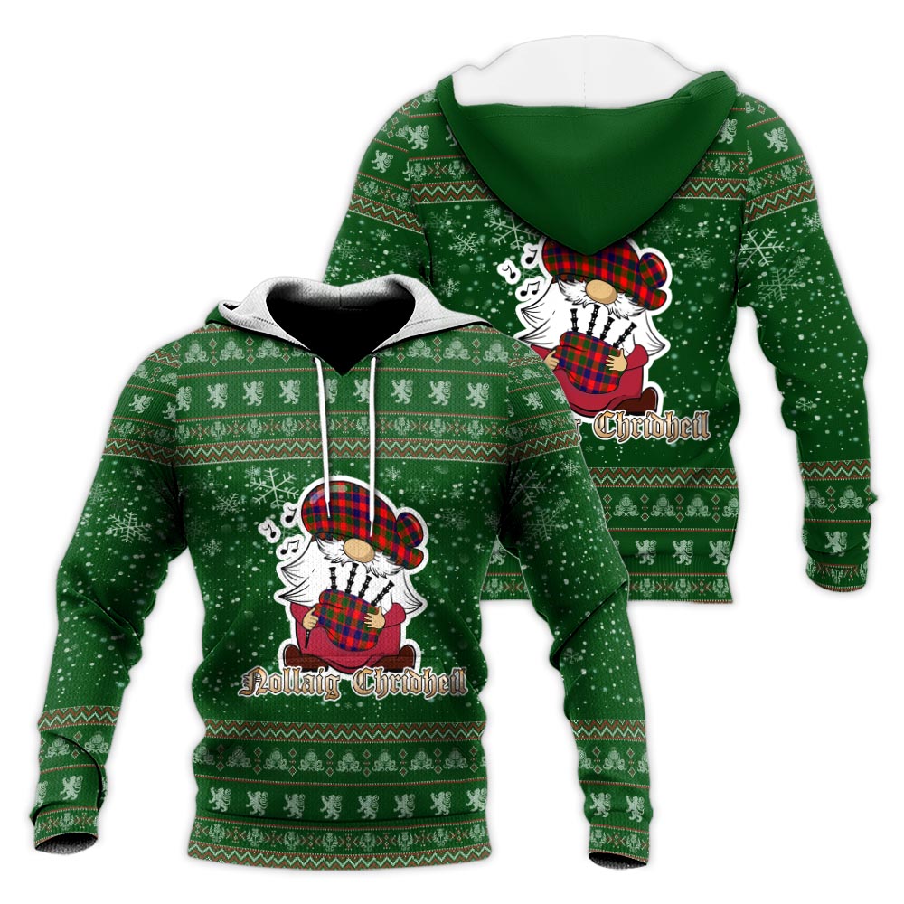 Gow of Skeoch Clan Christmas Knitted Hoodie with Funny Gnome Playing Bagpipes Green - Tartanvibesclothing