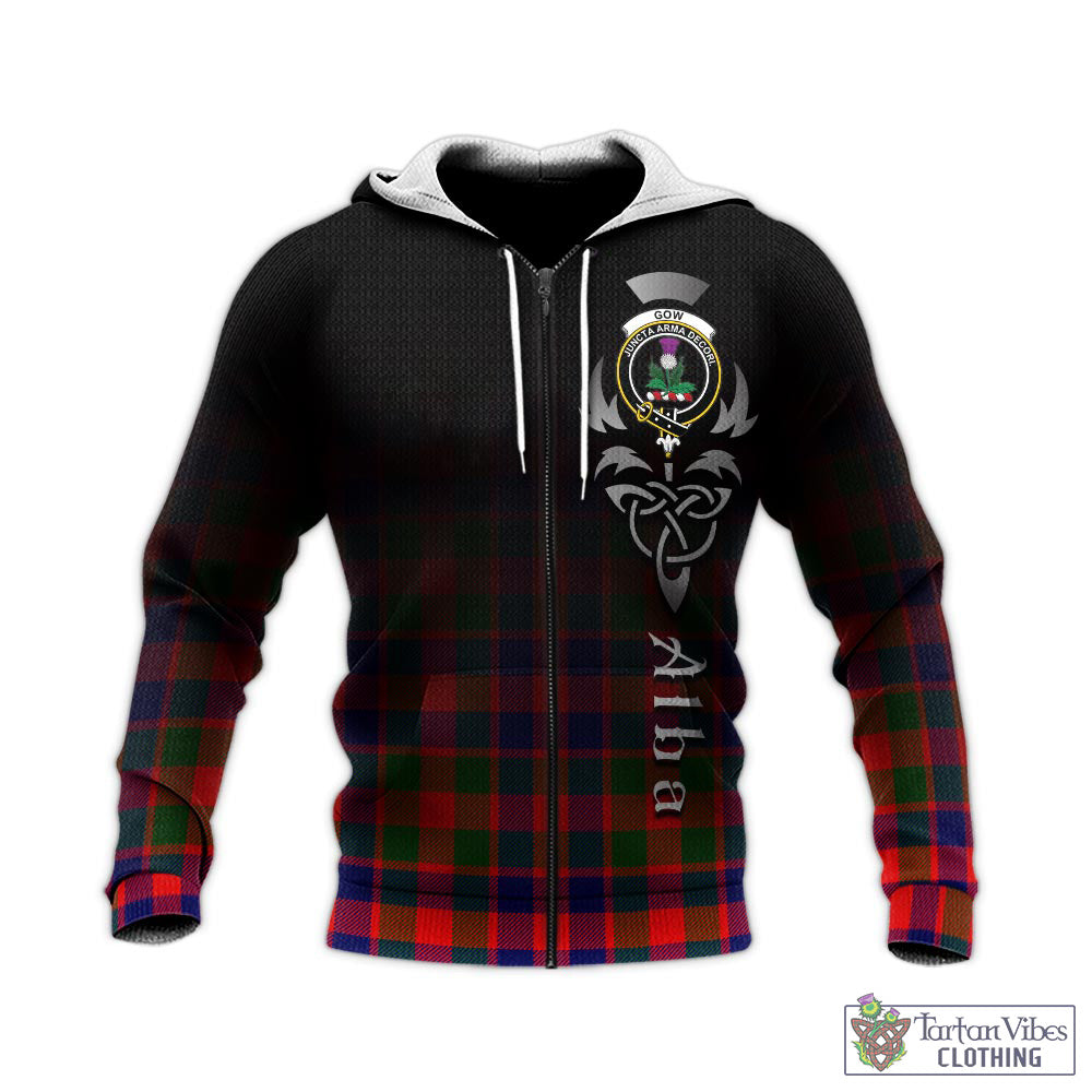 Tartan Vibes Clothing Gow of Skeoch Tartan Knitted Hoodie Featuring Alba Gu Brath Family Crest Celtic Inspired