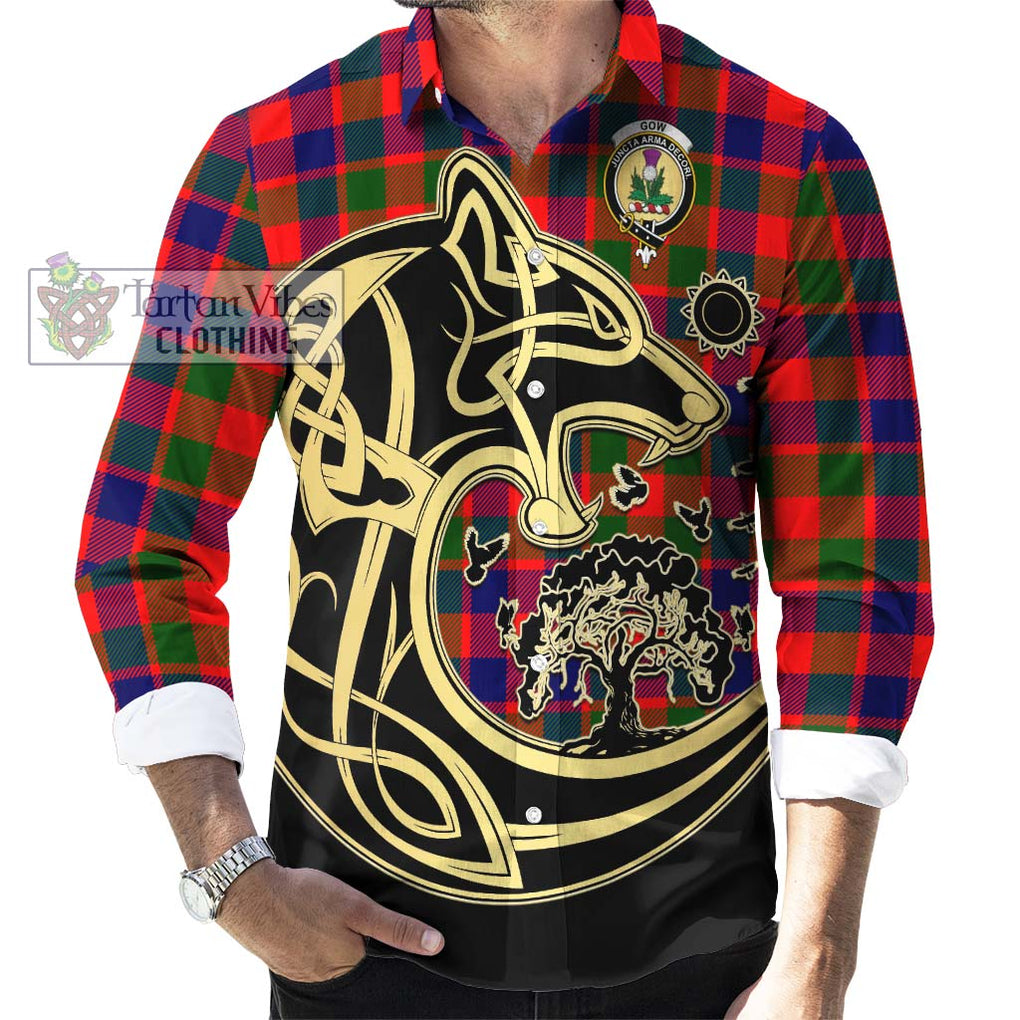 Gow of Skeoch Tartan Long Sleeve Button Shirt with Family Crest Celtic Wolf Style - Tartan Vibes Clothing