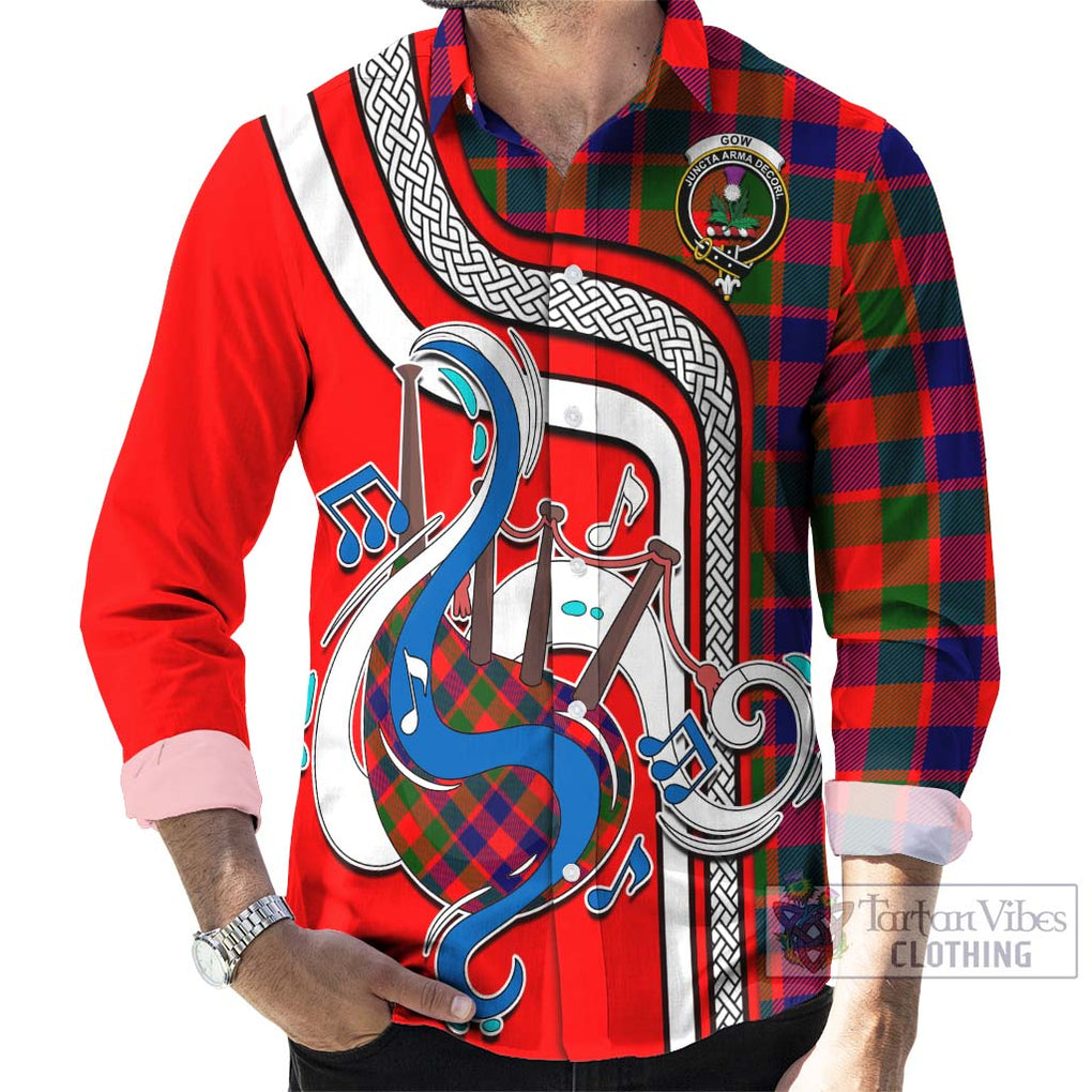 Gow of Skeoch Tartan Long Sleeve Button Shirt with Epic Bagpipe Style - Tartanvibesclothing Shop