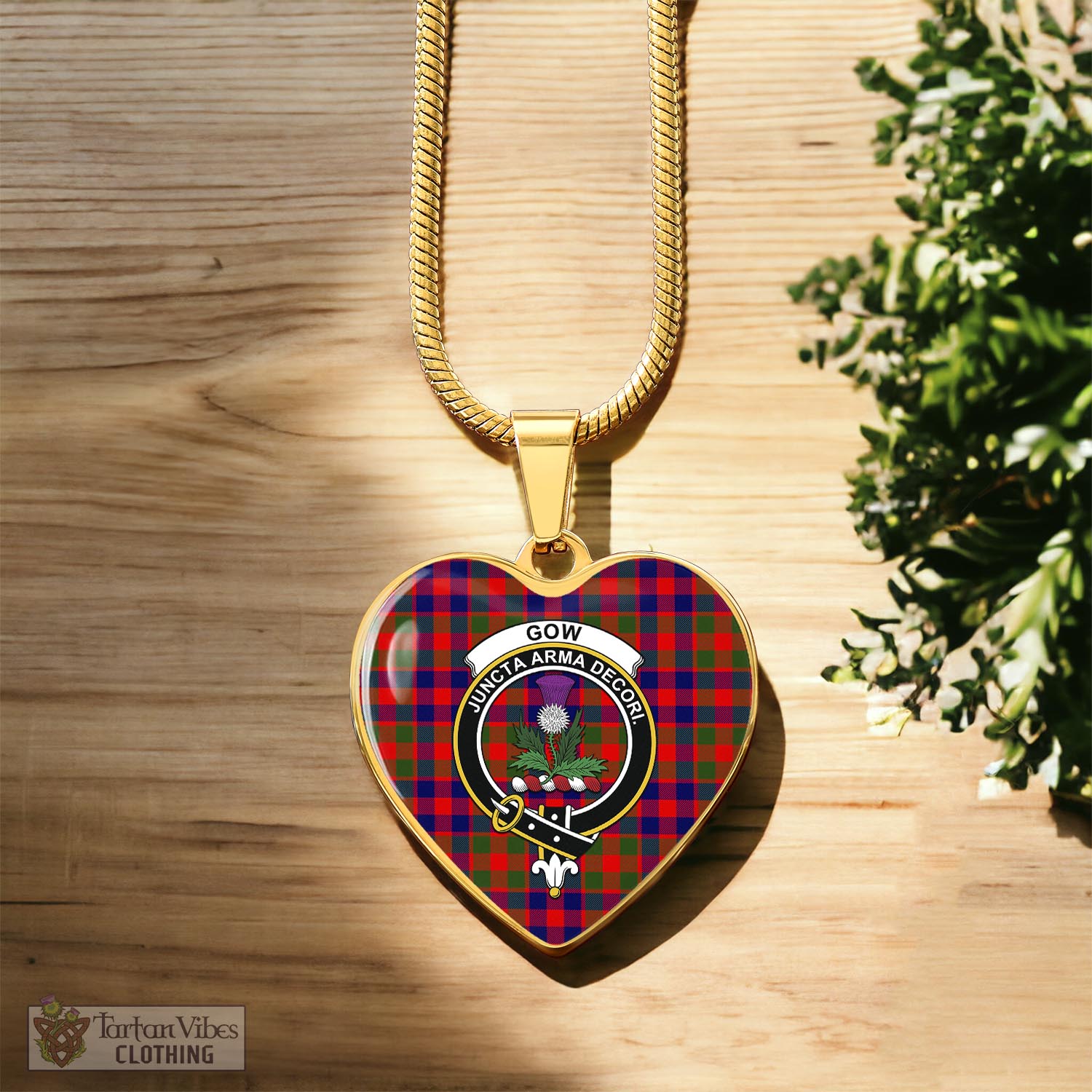 Tartan Vibes Clothing Gow of Skeoch Tartan Heart Necklace with Family Crest