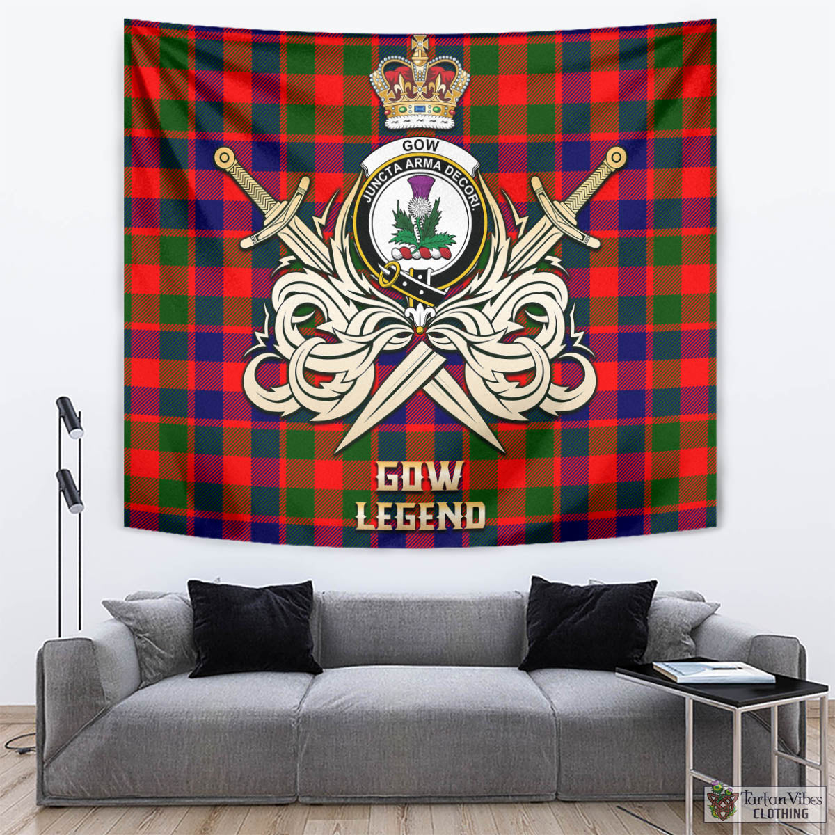 Tartan Vibes Clothing Gow of Skeoch Tartan Tapestry with Clan Crest and the Golden Sword of Courageous Legacy