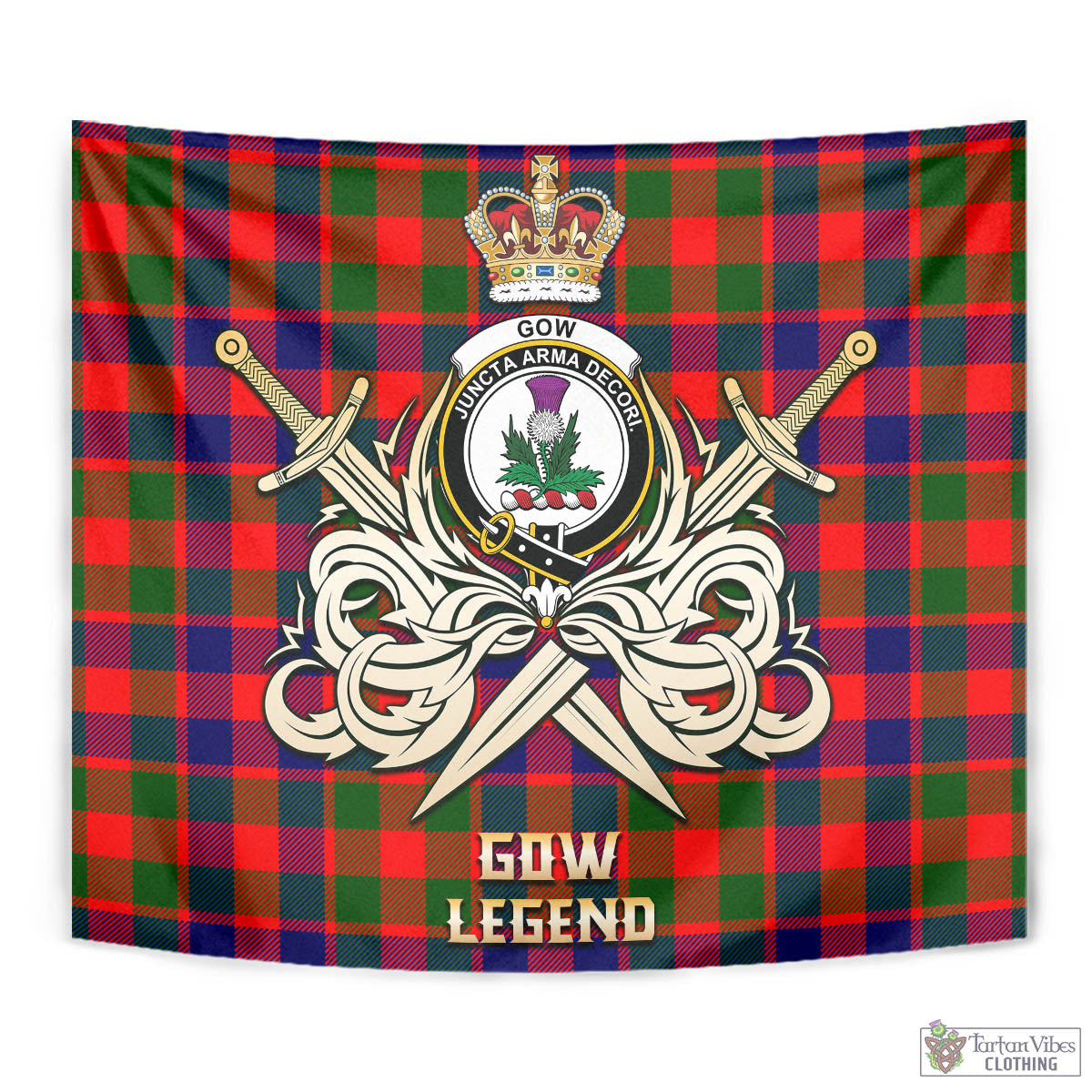 Tartan Vibes Clothing Gow of Skeoch Tartan Tapestry with Clan Crest and the Golden Sword of Courageous Legacy