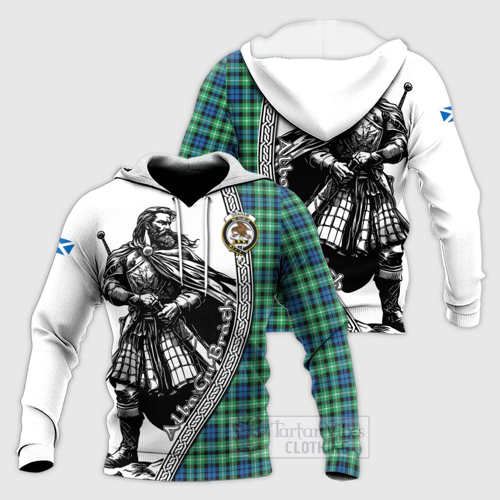 Tartan Vibes Clothing Graham Tartan Clan Crest Knitted Hoodie with Highlander Warrior Celtic Style