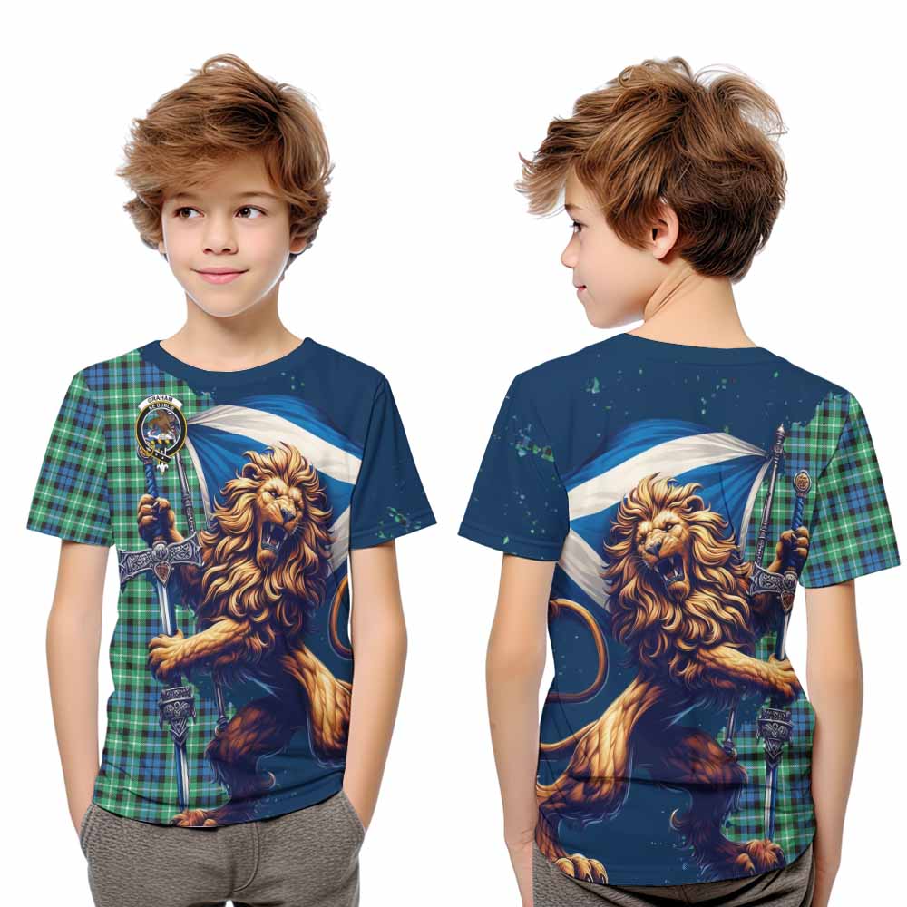 Tartan Vibes Clothing Graham Tartan Family Crest Kid T-Shirt with Scottish Majestic Lion