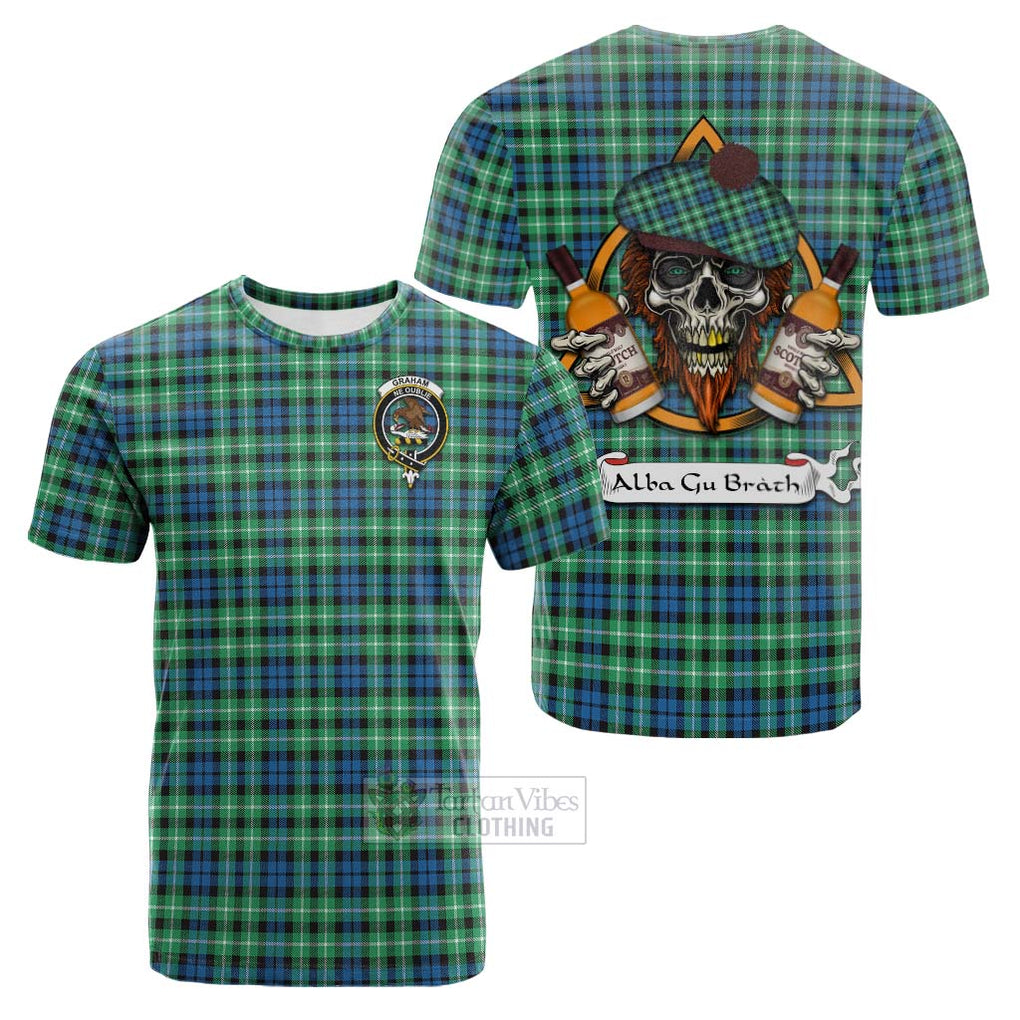 Tartan Vibes Clothing Graham Tartan Cotton T-shirt with Family Crest and Bearded Skull Holding Bottles of Whiskey