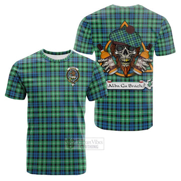 Graham Tartan Cotton T-shirt with Family Crest and Bearded Skull Holding Bottles of Whiskey