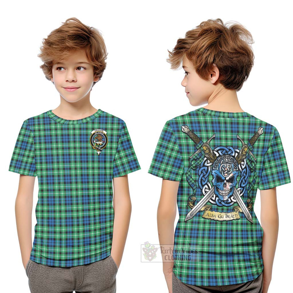 Tartan Vibes Clothing Graham Tartan Kid T-Shirt with Family Crest Celtic Skull Style