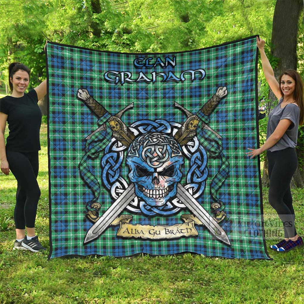 Tartan Vibes Clothing Graham Tartan Quilt with Celtic Skull Alba Gu Brath Style