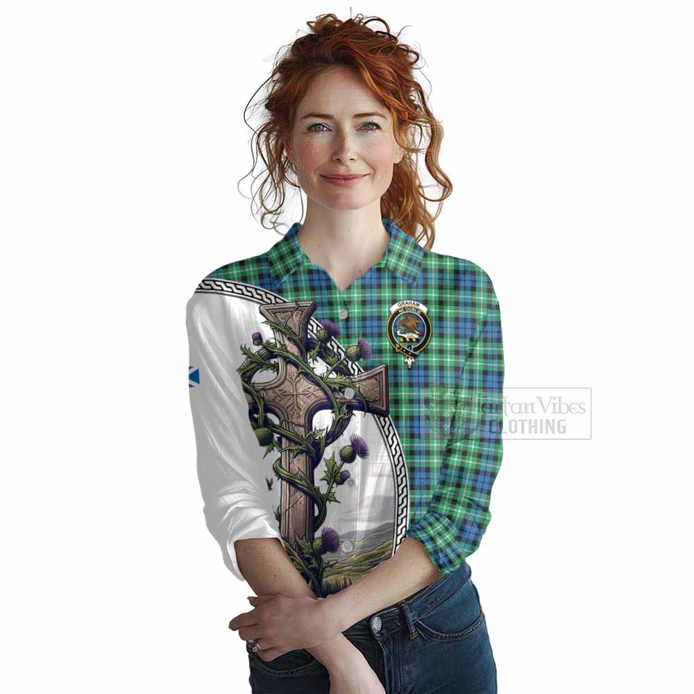 Tartan Vibes Clothing Graham Tartan Women's Casual Shirt with Family Crest and St. Andrew's Cross Accented by Thistle Vines