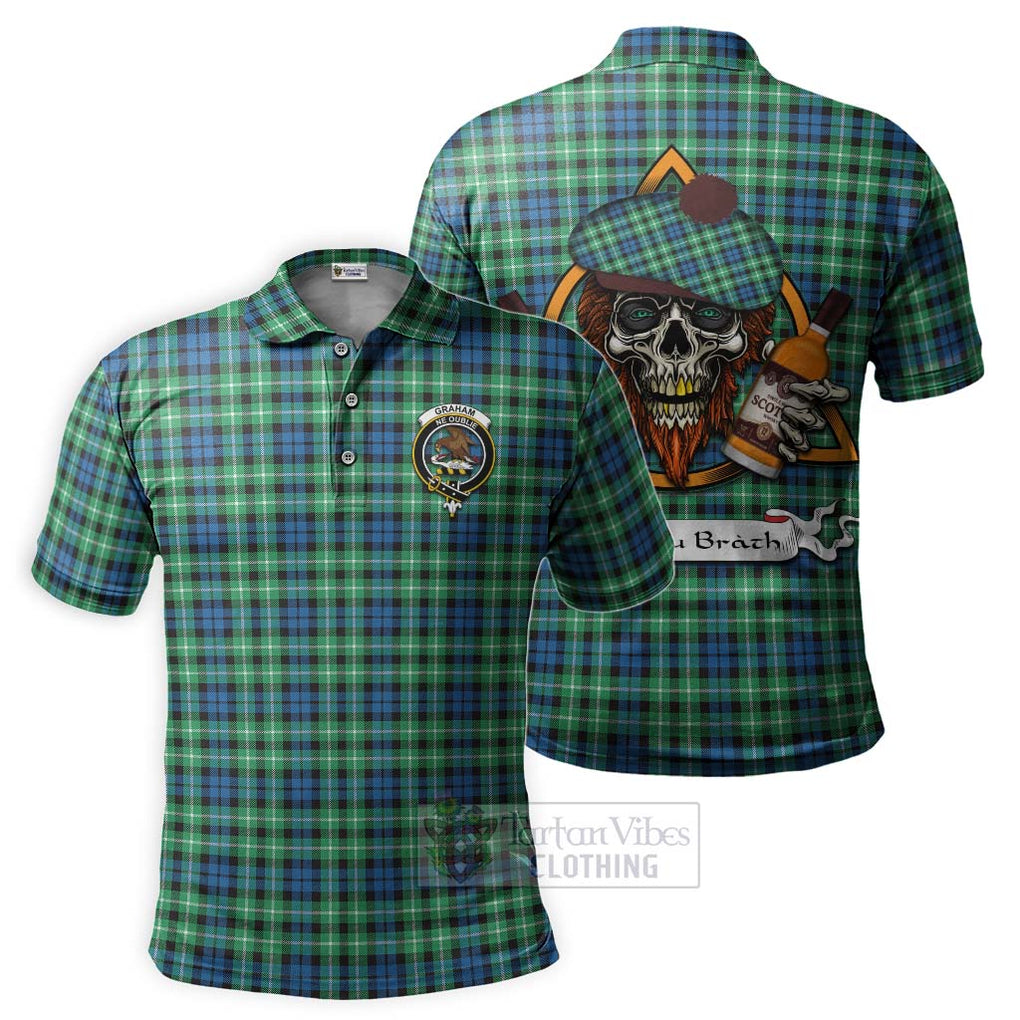 Tartan Vibes Clothing Graham Tartan Polo Shirt with Family Crest and Bearded Skull Holding Bottles of Whiskey