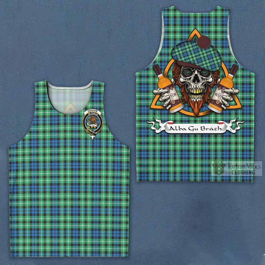 Tartan Vibes Clothing Graham Tartan Men's Tank Top with Family Crest and Bearded Skull Holding Bottles of Whiskey