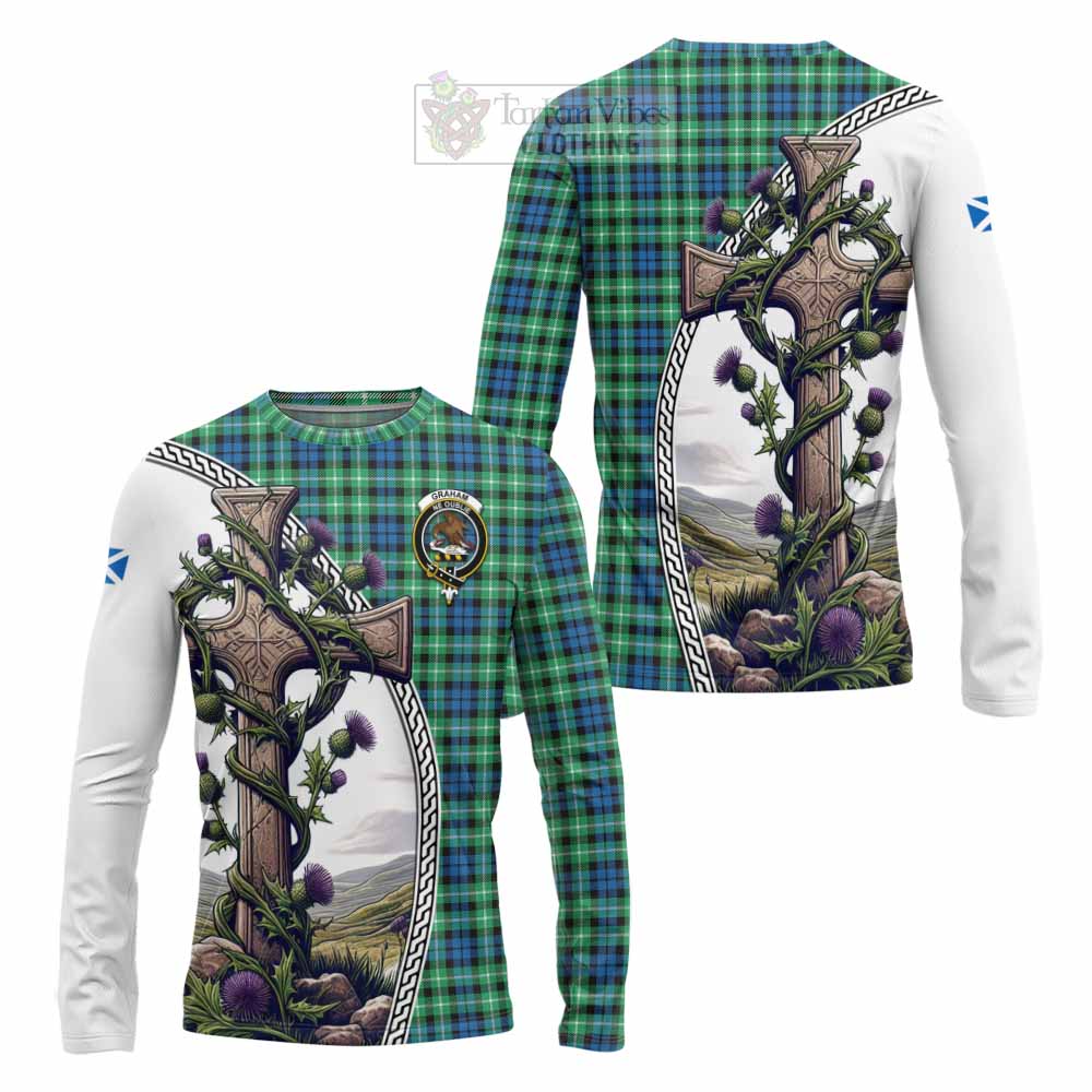 Tartan Vibes Clothing Graham Tartan Long Sleeve T-Shirt with Family Crest and St. Andrew's Cross Accented by Thistle Vines