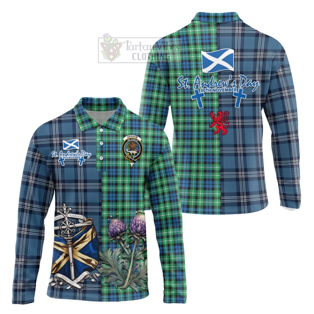 Tartan Vibes Clothing Graham Tartan Long Sleeve Polo Shirt Happy St. Andrew's Day Half Tartan Style