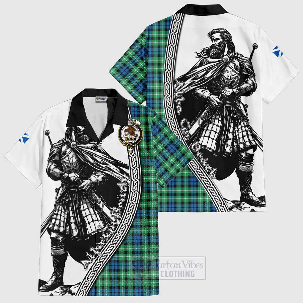 Tartan Vibes Clothing Graham Tartan Clan Crest Short Sleeve Button Shirt with Highlander Warrior Celtic Style