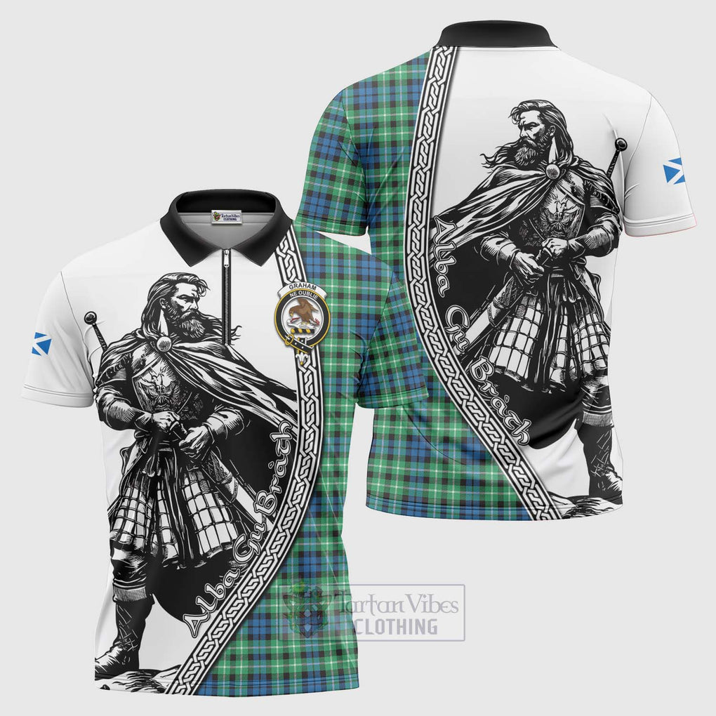 Tartan Vibes Clothing Graham Tartan Clan Crest Zipper Polo Shirt with Highlander Warrior Celtic Style