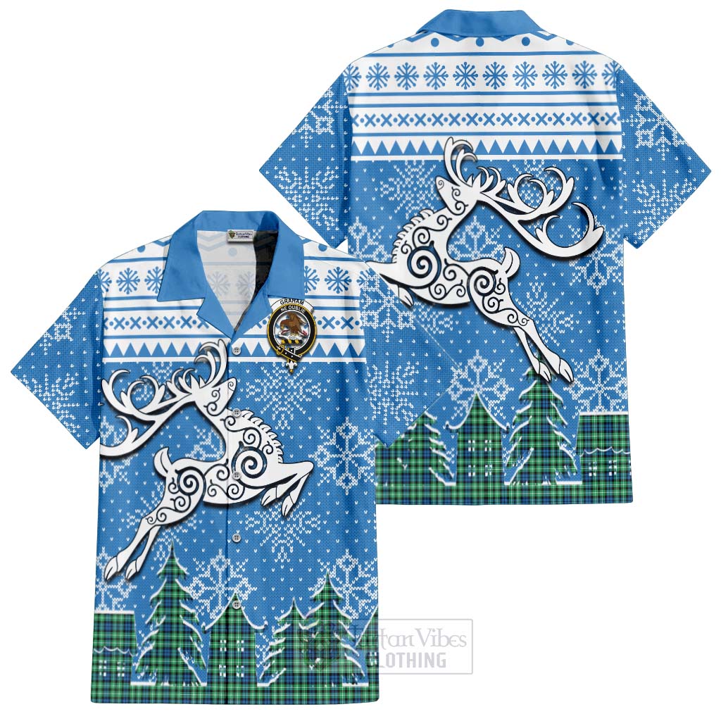 Tartan Vibes Clothing Graham Clan Christmas Short Sleeve Button Shirt Celtic Reindeer Style