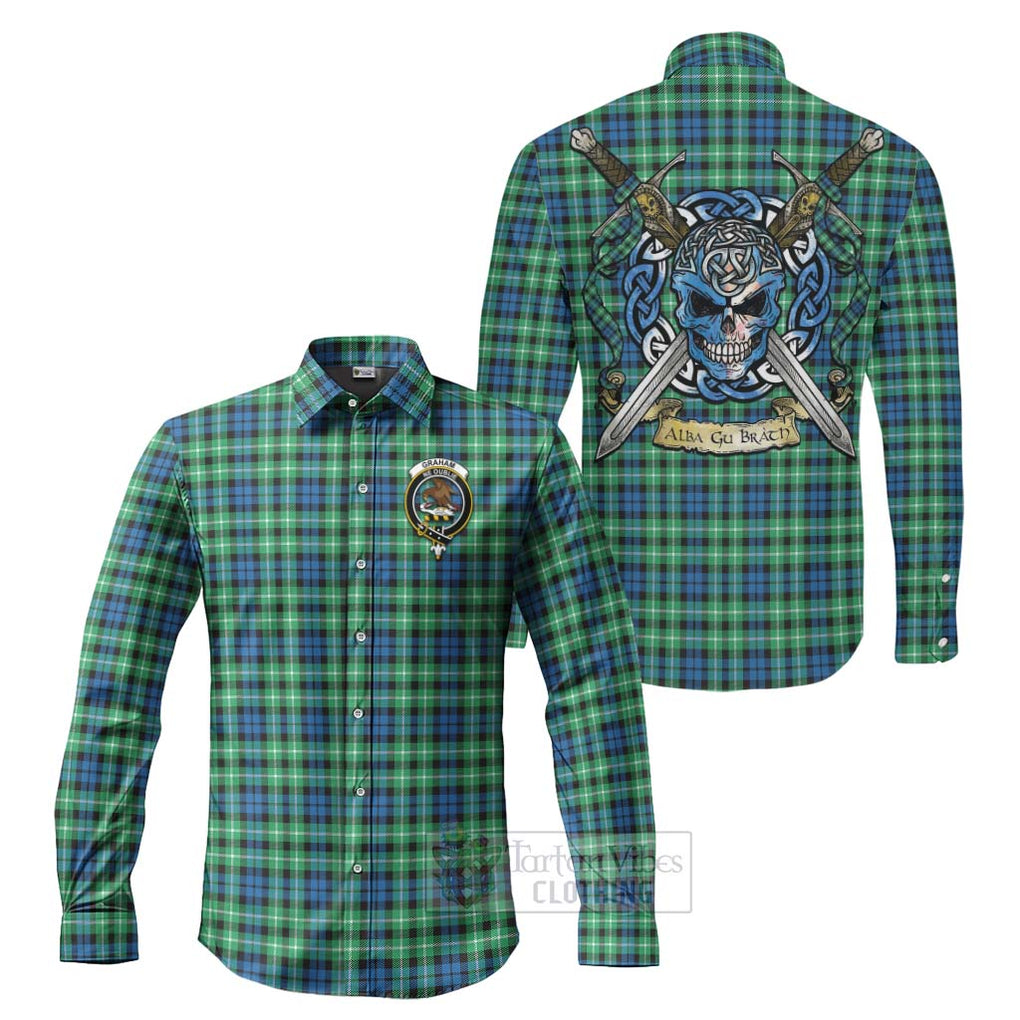 Tartan Vibes Clothing Graham Tartan Long Sleeve Button Shirt with Family Crest Celtic Skull Style