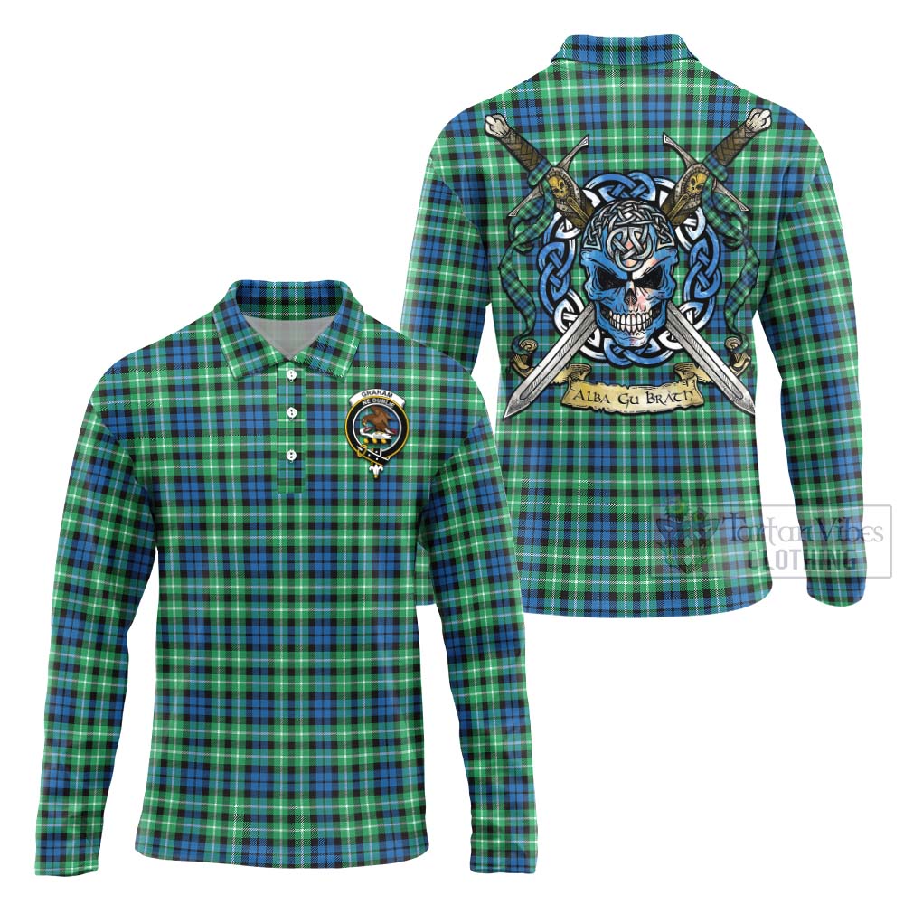 Tartan Vibes Clothing Graham Tartan Long Sleeve Polo Shirt with Family Crest Celtic Skull Style