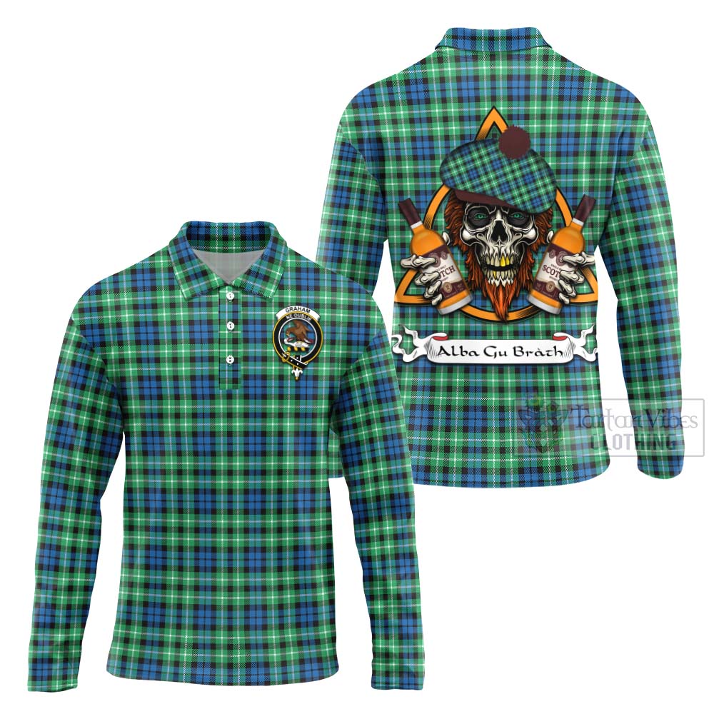 Tartan Vibes Clothing Graham Tartan Long Sleeve Polo Shirt with Family Crest and Bearded Skull Holding Bottles of Whiskey