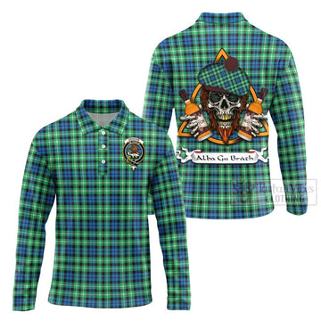 Graham Tartan Long Sleeve Polo Shirt with Family Crest and Bearded Skull Holding Bottles of Whiskey