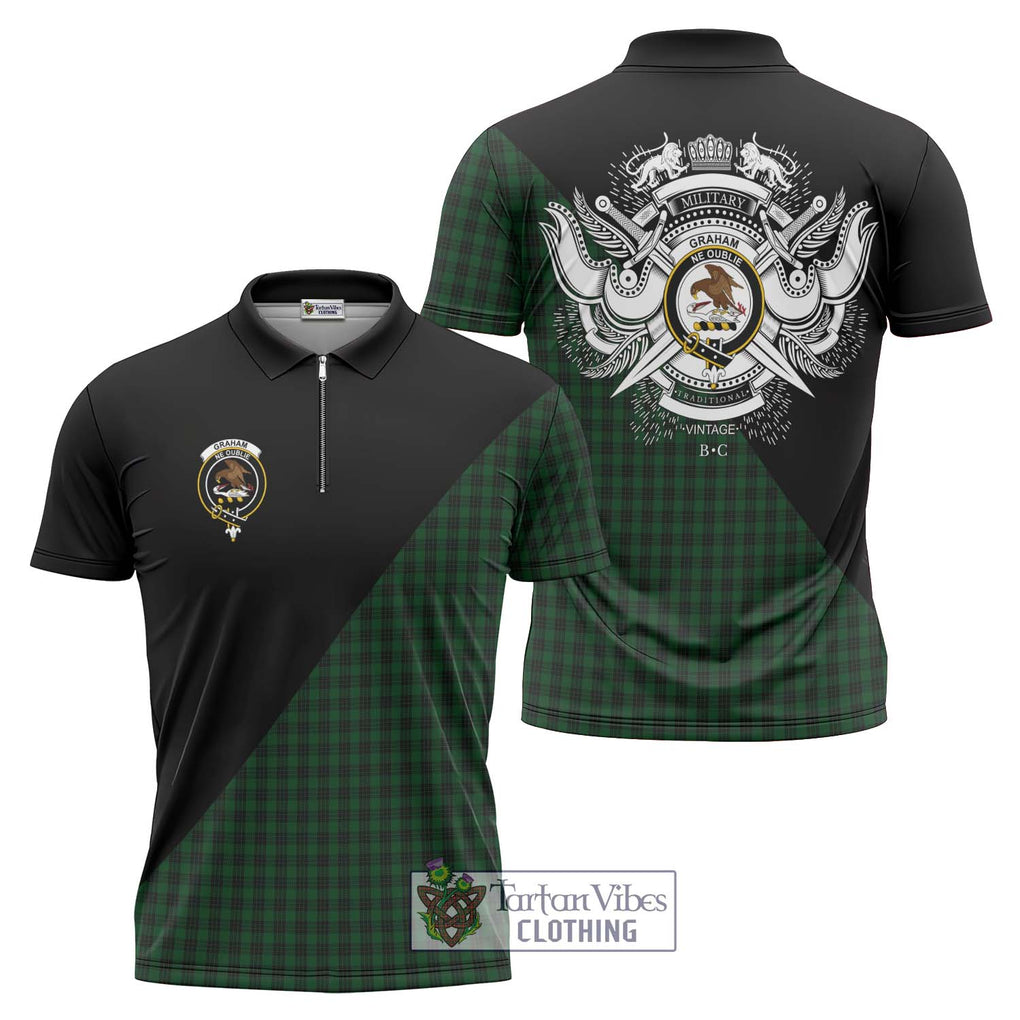 Graham Tartan Zipper Polo Shirt with Family Crest and Military Logo Style Unisex - Tartanvibesclothing Shop