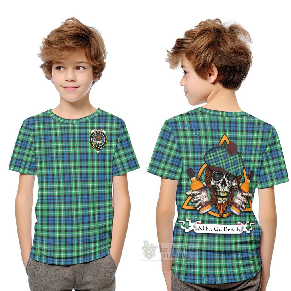 Tartan Vibes Clothing Graham Tartan Kid T-Shirt with Family Crest and Bearded Skull Holding Bottles of Whiskey