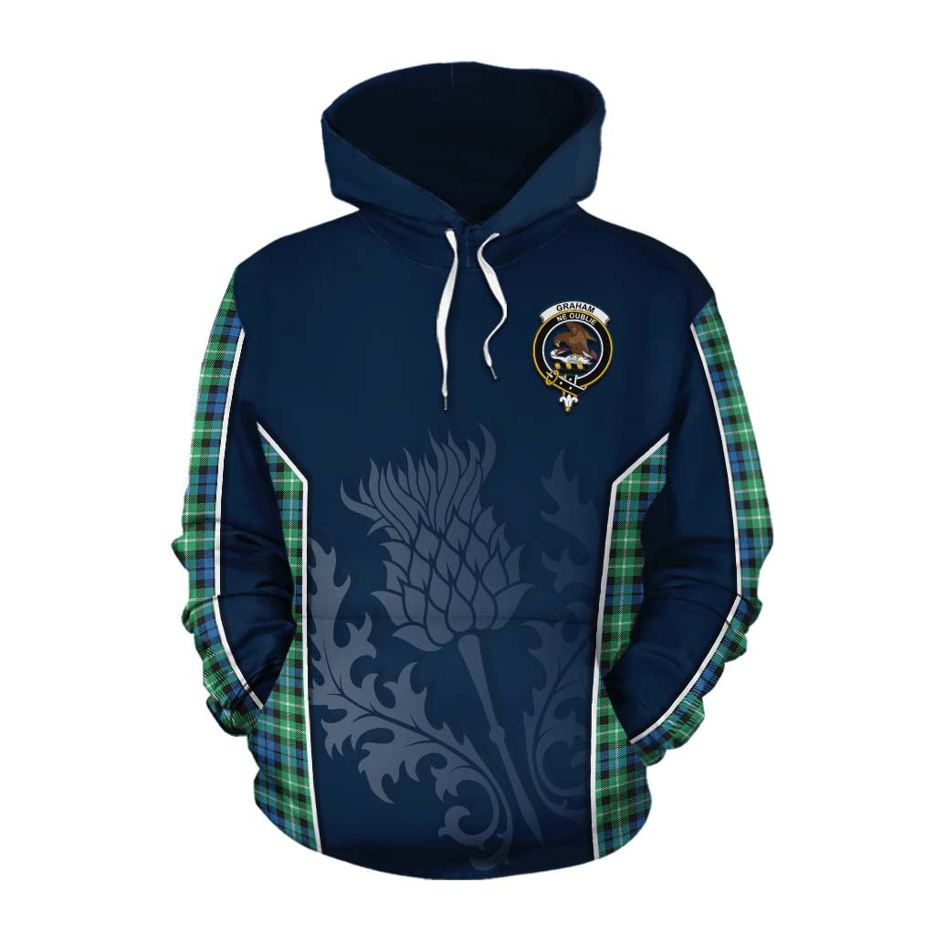 Tartan Vibes Clothing Graham Tartan Cotton Hoodie with Family Crest and Scottish Thistle Vibes Sport Style