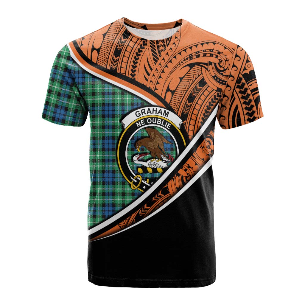 Tartan Vibes Clothing Graham Crest Tartan Cotton T-shirt with Maori Tattoo Style - Orange Version