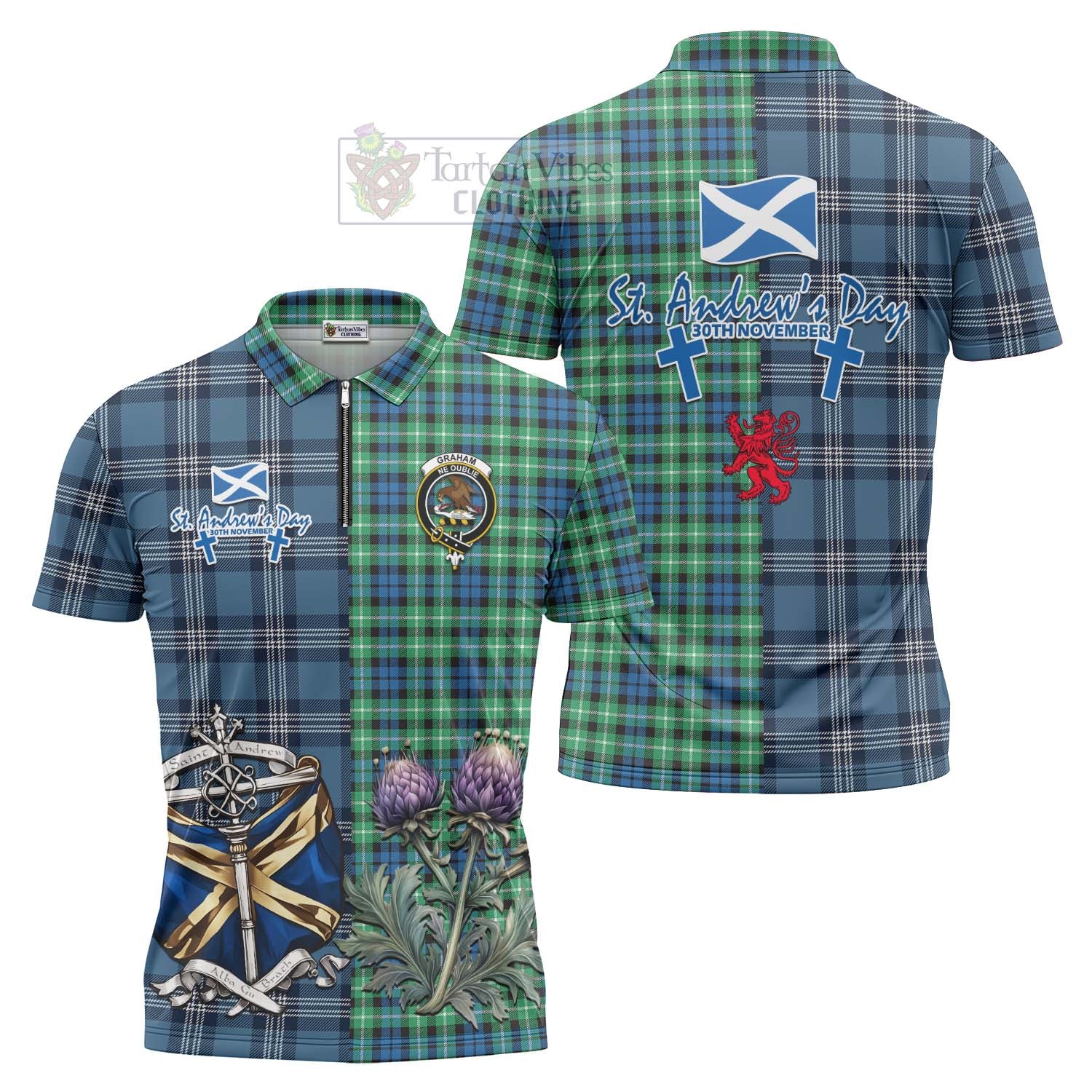 Tartan Vibes Clothing Graham Tartan Zipper Polo Shirt Happy St. Andrew's Day Half Tartan Style