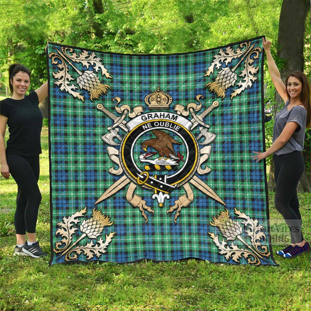 Tartan Vibes Clothing Graham Tartan Quilt with Family Crest and Scottish Golden Courage Shield