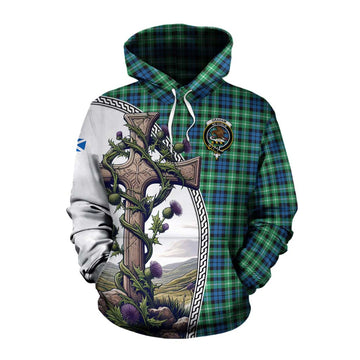 Graham Tartan Cotton Hoodie with Family Crest and St. Andrew's Cross Accented by Thistle Vines