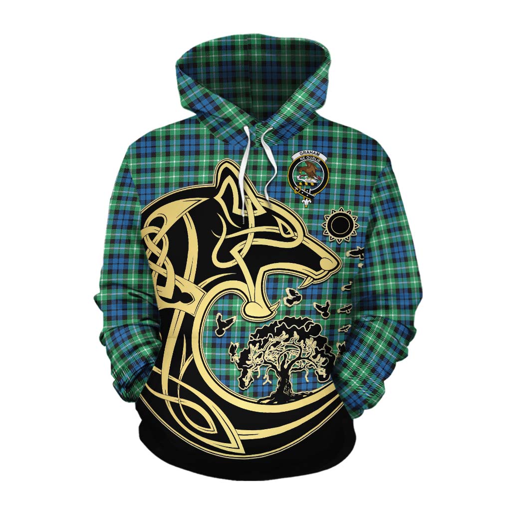 Tartan Vibes Clothing Graham Tartan Cotton Hoodie with Family Crest Celtic Wolf Style