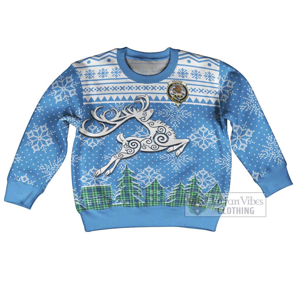 Tartan Vibes Clothing Graham Clan Christmas Kid Ugly Sweater with Tartan and Celtic Raindeer Style