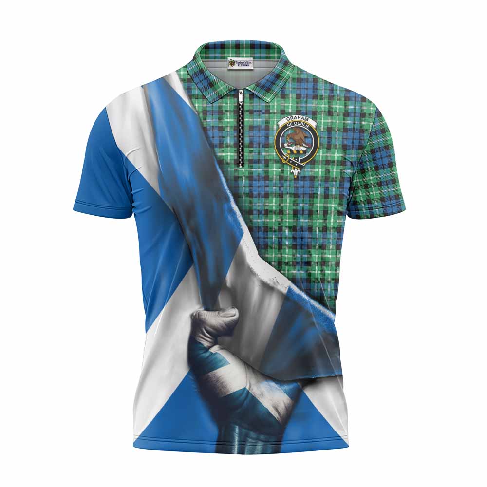 Tartan Vibes Clothing Graham Tartan Zipper Polo Shirt with Family Crest Scotland Patriotic Style