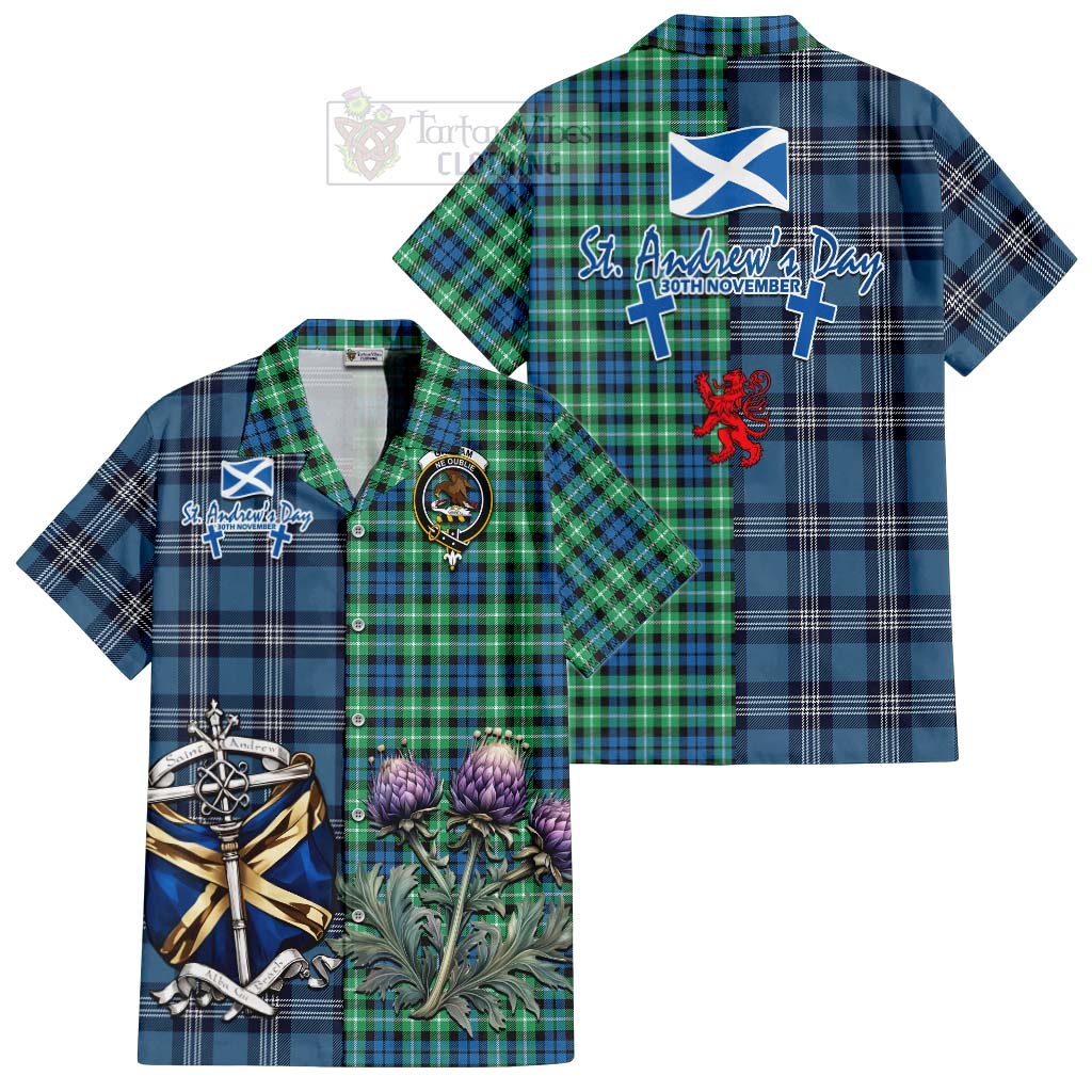 Tartan Vibes Clothing Graham Tartan Short Sleeve Button Shirt Happy St. Andrew's Day Half Tartan Style