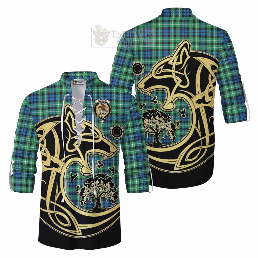 Tartan Vibes Clothing Graham Tartan Ghillie Kilt Shirt with Family Crest Celtic Wolf Style